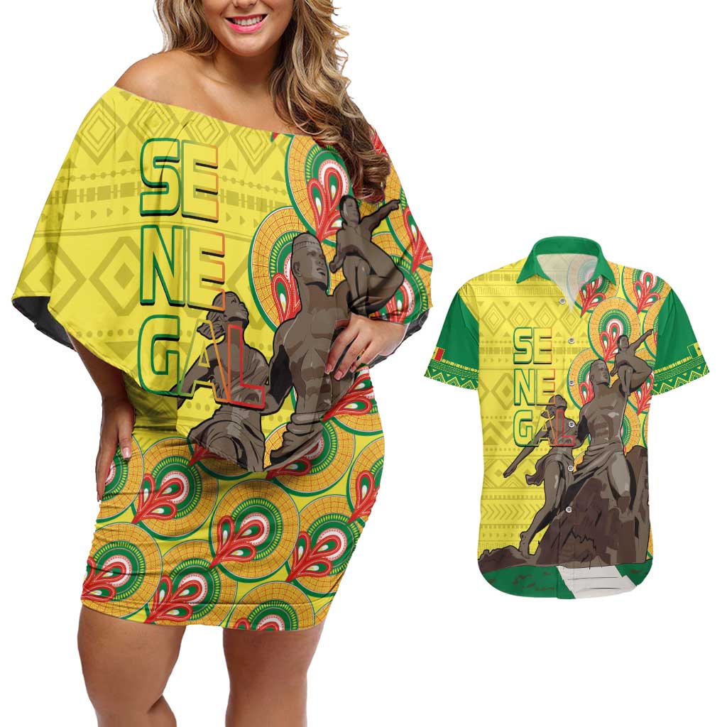 Senegal African Renaissance Monument Couples Matching Off Shoulder Short Dress and Hawaiian Shirt Ankara Pattern