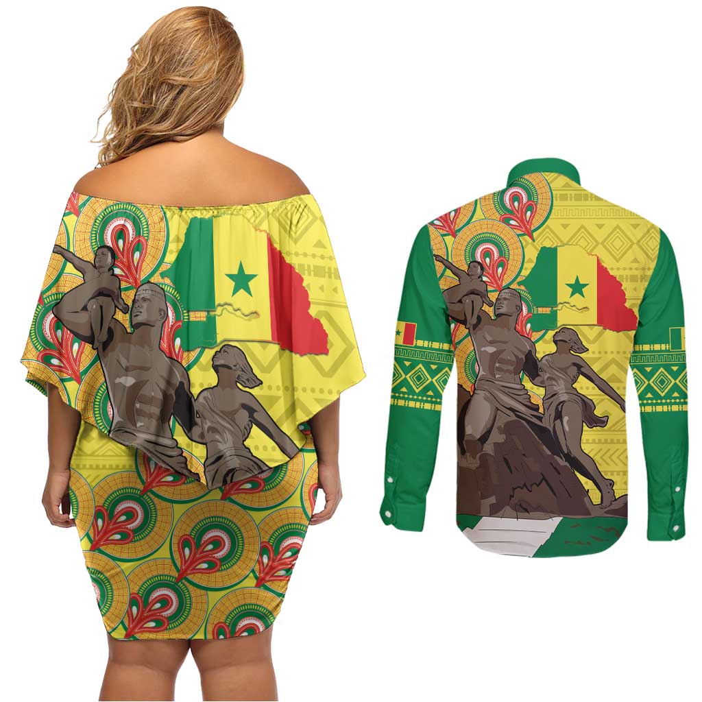 Senegal African Renaissance Monument Couples Matching Off Shoulder Short Dress and Long Sleeve Button Shirt Ankara Pattern
