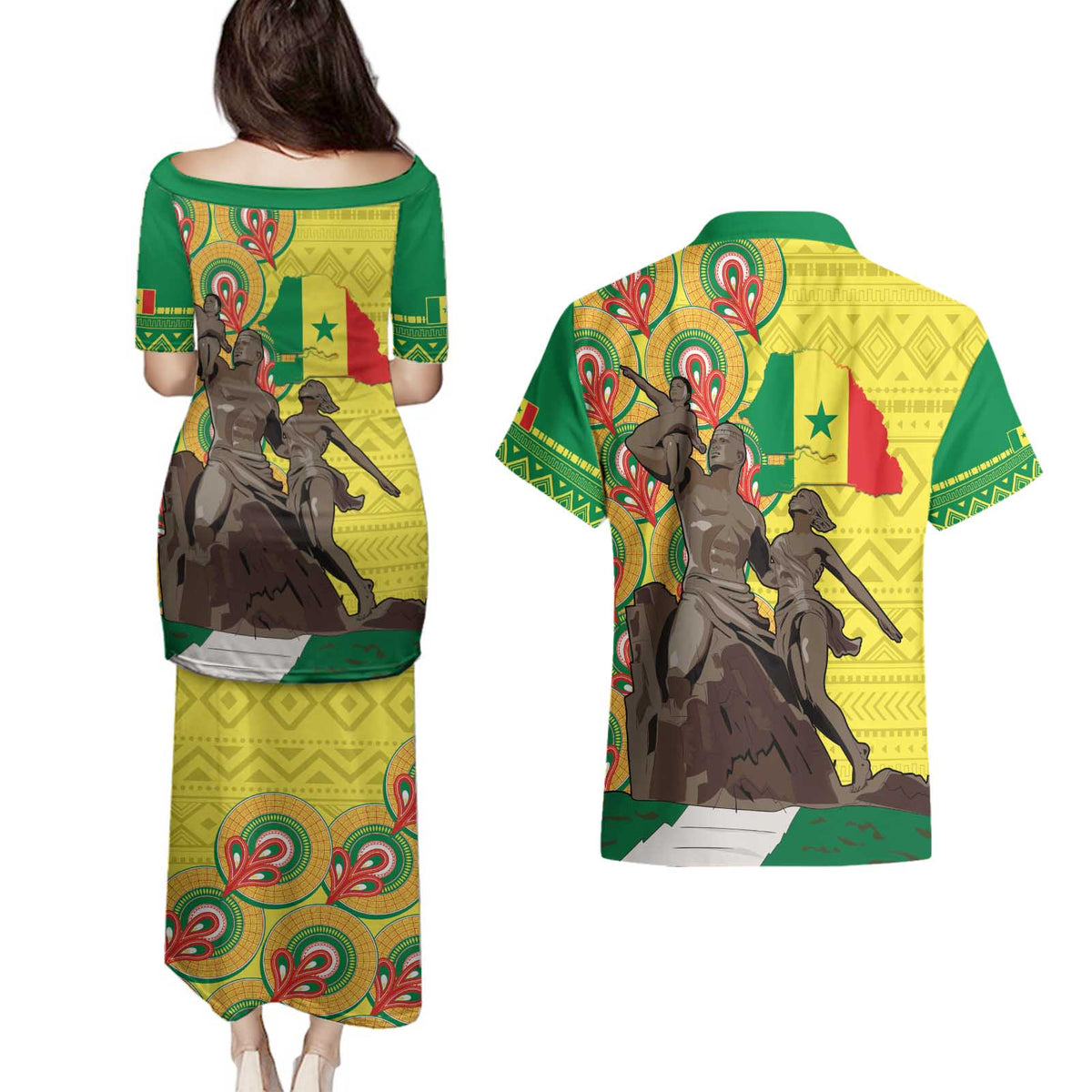 Senegal African Renaissance Monument Couples Matching Puletasi and Hawaiian Shirt Ankara Pattern