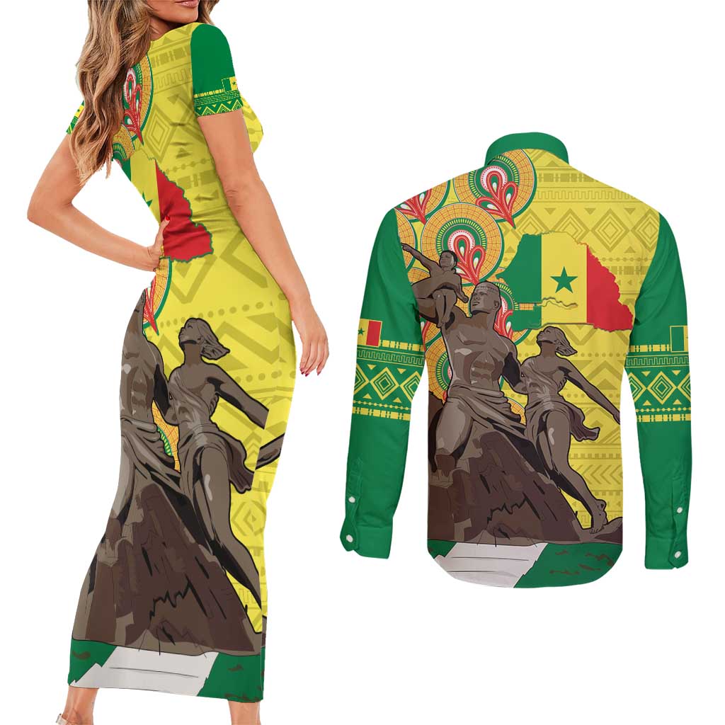 Senegal African Renaissance Monument Couples Matching Short Sleeve Bodycon Dress and Long Sleeve Button Shirt Ankara Pattern