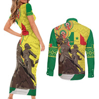 Senegal African Renaissance Monument Couples Matching Short Sleeve Bodycon Dress and Long Sleeve Button Shirt Ankara Pattern