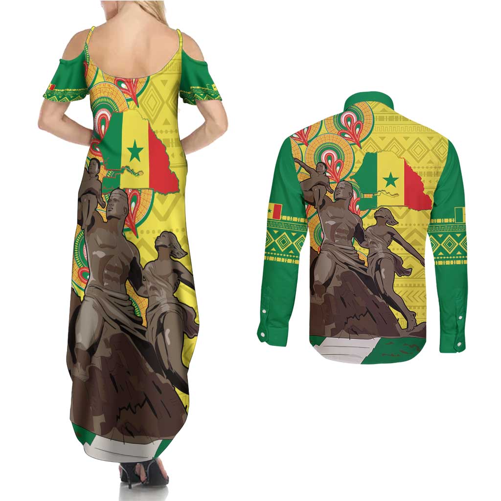 Senegal African Renaissance Monument Couples Matching Summer Maxi Dress and Long Sleeve Button Shirt Ankara Pattern