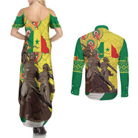Senegal African Renaissance Monument Couples Matching Summer Maxi Dress and Long Sleeve Button Shirt Ankara Pattern