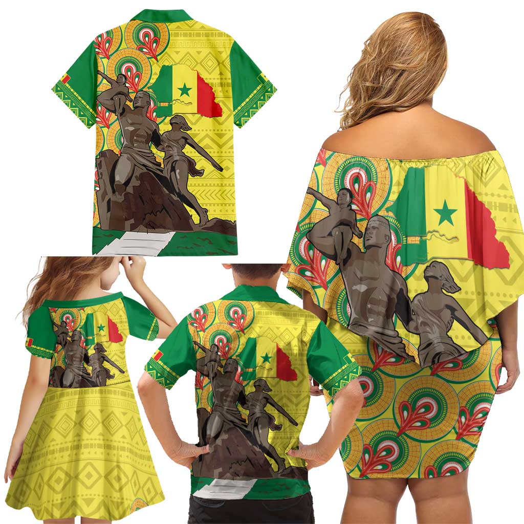 Senegal African Renaissance Monument Family Matching Off Shoulder Short Dress and Hawaiian Shirt Ankara Pattern