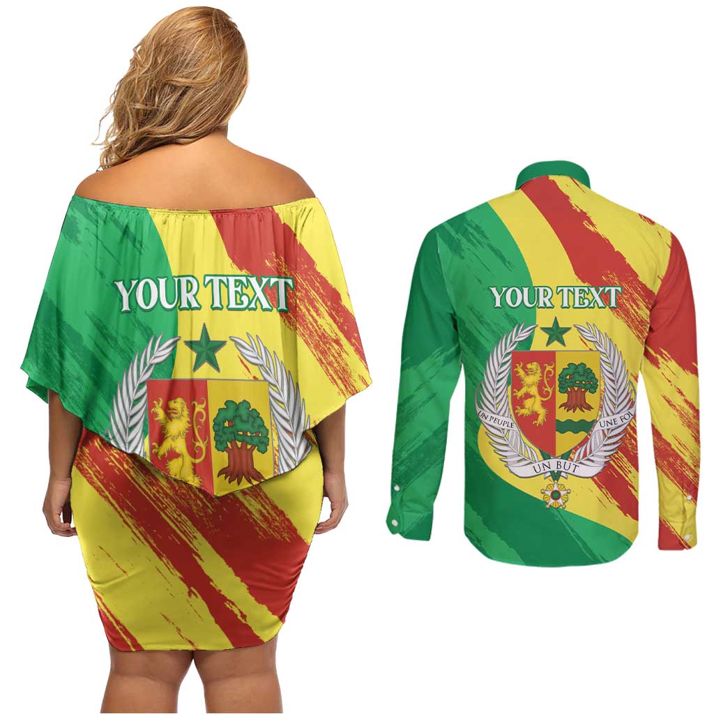 Senegal Independence Day Couples Matching Off Shoulder Short Dress and Long Sleeve Button Shirt Coat Of Arms Grunge Style