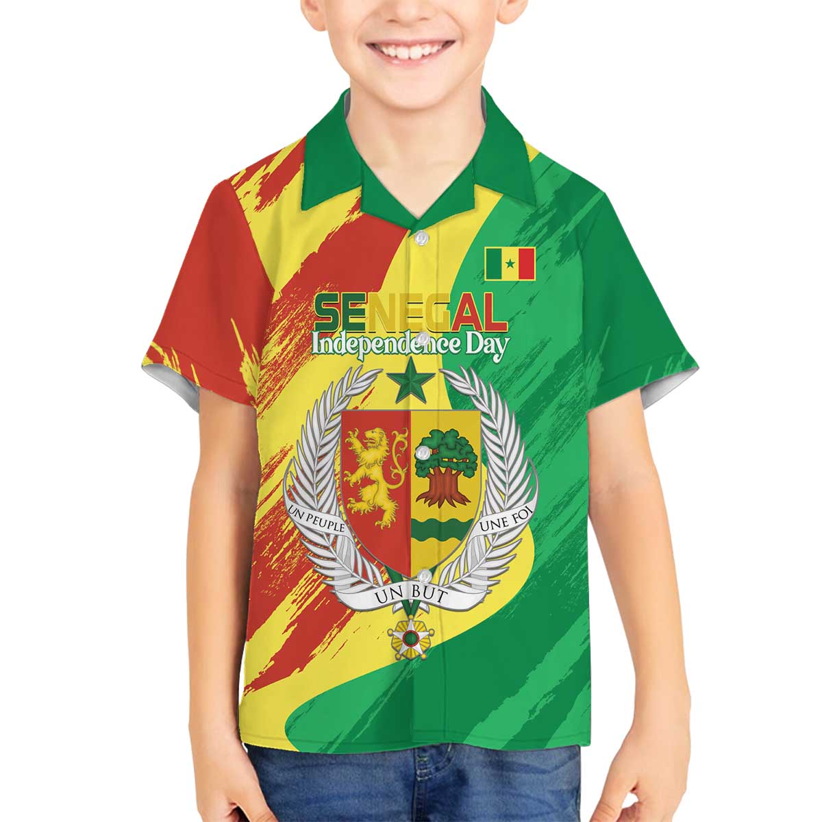 Senegal Independence Day Family Matching Off The Shoulder Long Sleeve Dress and Hawaiian Shirt Coat Of Arms Grunge Style