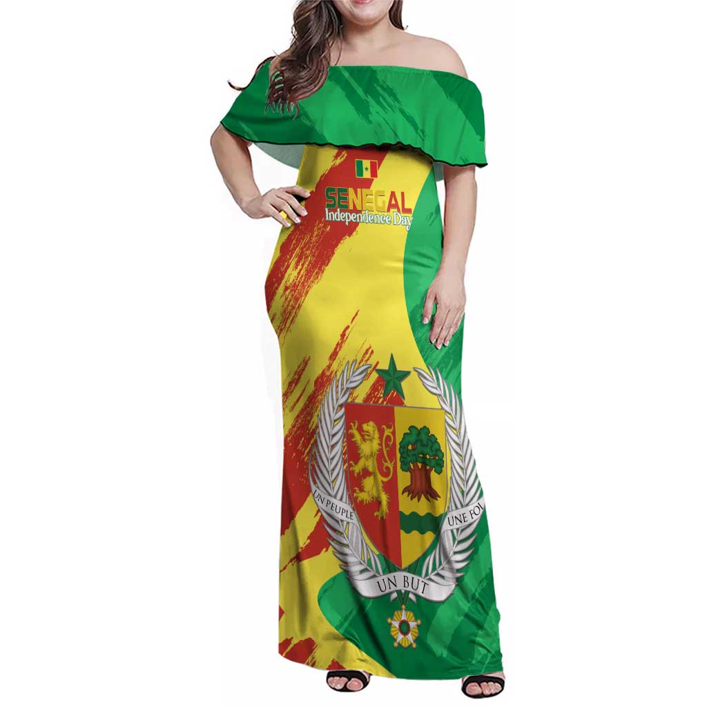 Senegal Independence Day Family Matching Off Shoulder Maxi Dress and Hawaiian Shirt Coat Of Arms Grunge Style