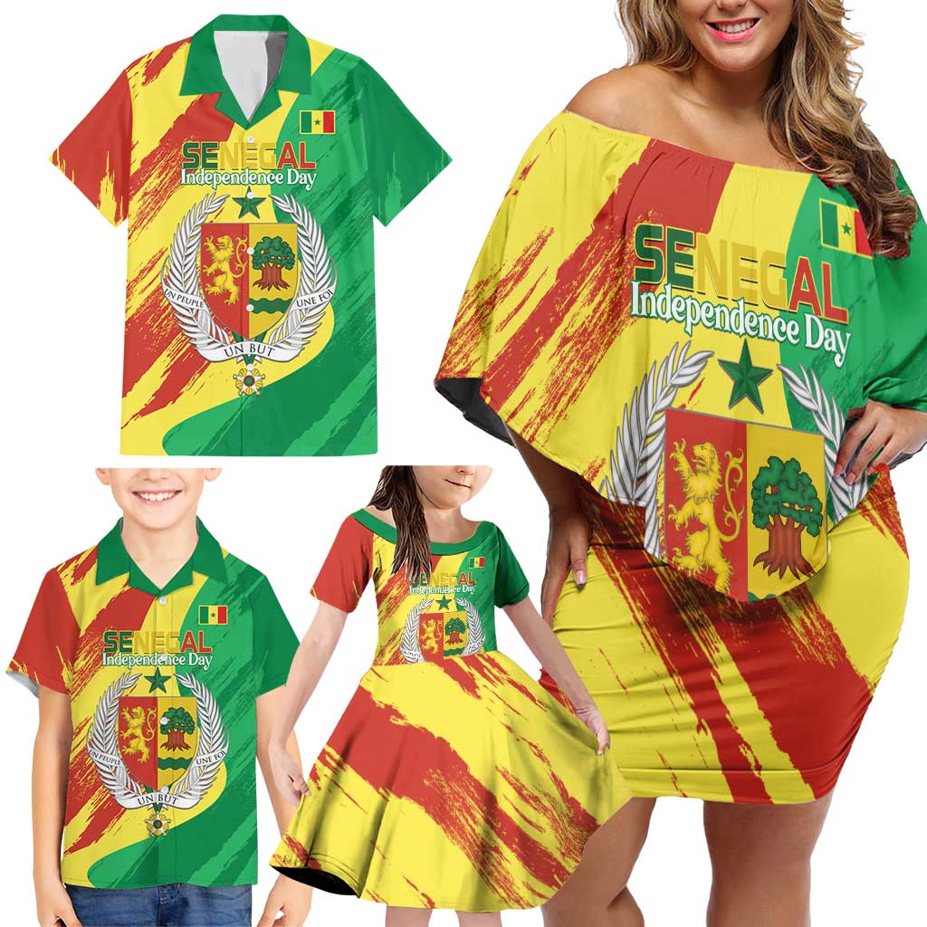 Senegal Independence Day Family Matching Off Shoulder Short Dress and Hawaiian Shirt Coat Of Arms Grunge Style