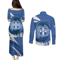 Greece Independence Day Couples Matching Puletasi and Long Sleeve Button Shirt Greek Pattern With Dolphins