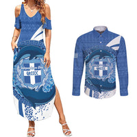 Greece Independence Day Couples Matching Summer Maxi Dress and Long Sleeve Button Shirt Greek Pattern With Dolphins