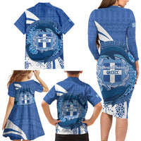 Greece Independence Day Family Matching Long Sleeve Bodycon Dress and Hawaiian Shirt Greek Pattern With Dolphins