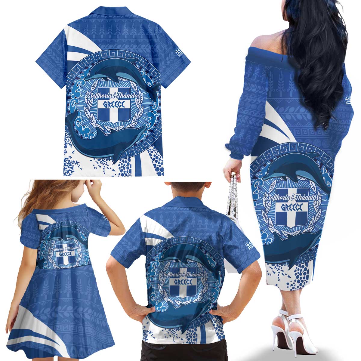 Greece Independence Day Family Matching Off The Shoulder Long Sleeve Dress and Hawaiian Shirt Greek Pattern With Dolphins
