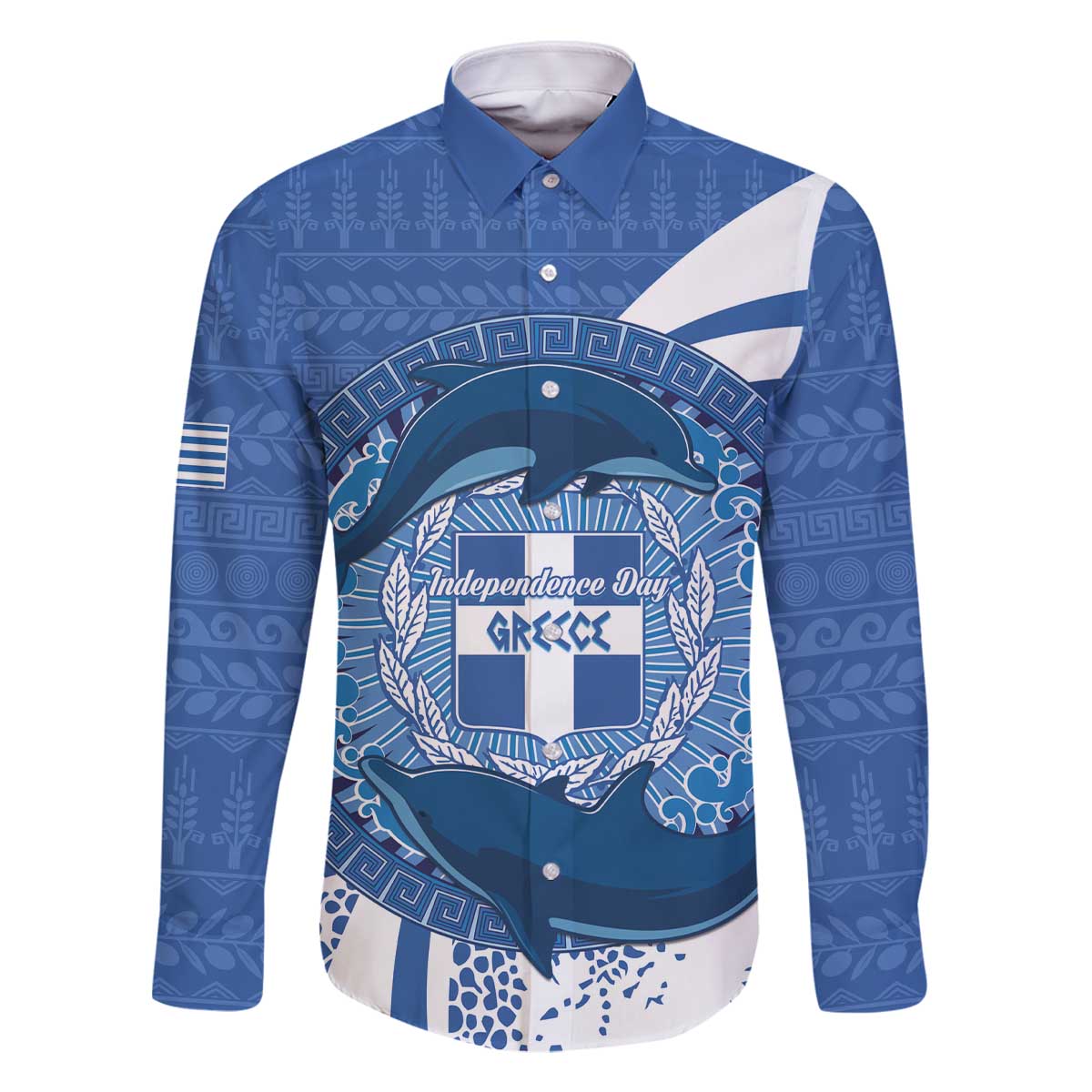 Greece Independence Day Family Matching Off The Shoulder Long Sleeve Dress and Hawaiian Shirt Greek Pattern With Dolphins
