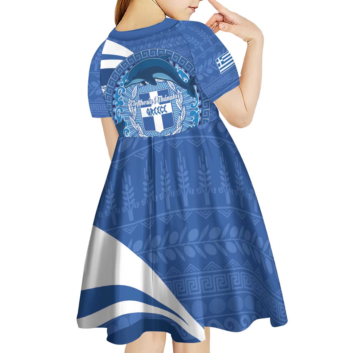 Greece Independence Day Kid Short Sleeve Dress Greek Pattern With Dolphins