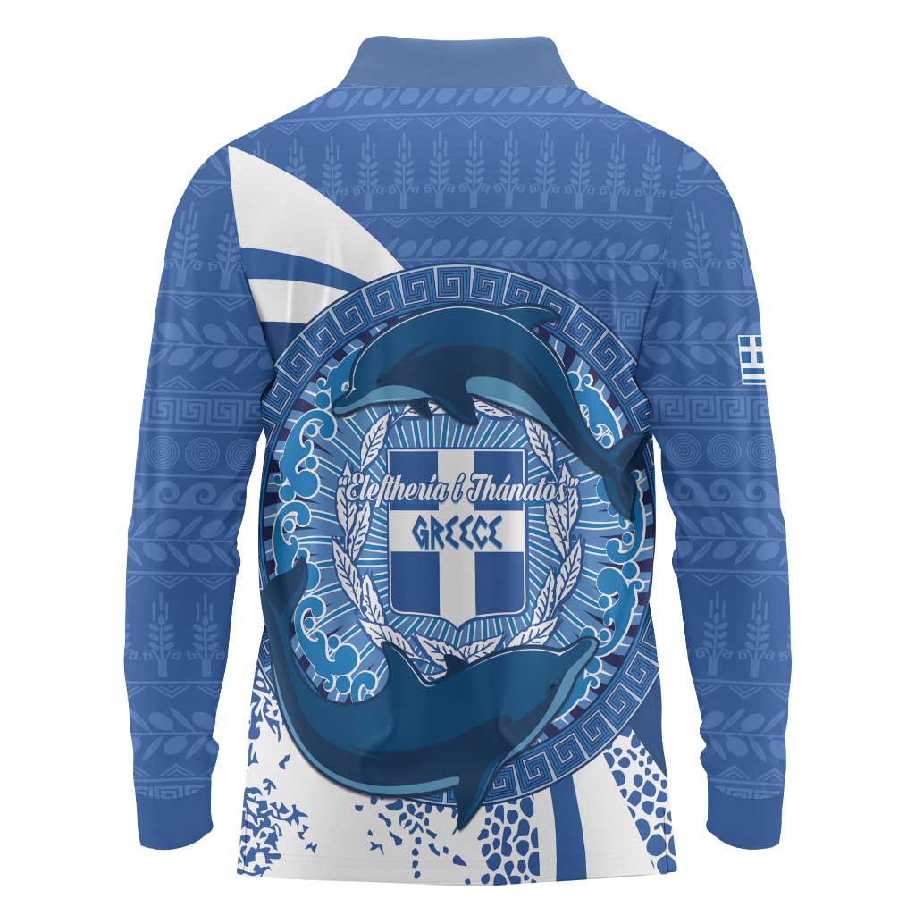 Greece Independence Day Long Sleeve Polo Shirt Greek Pattern With Dolphins