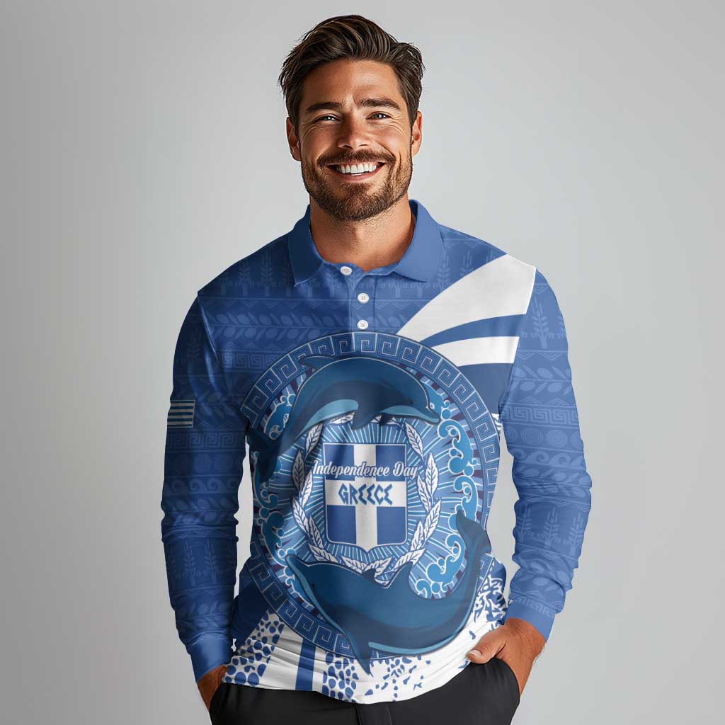 Greece Independence Day Long Sleeve Polo Shirt Greek Pattern With Dolphins