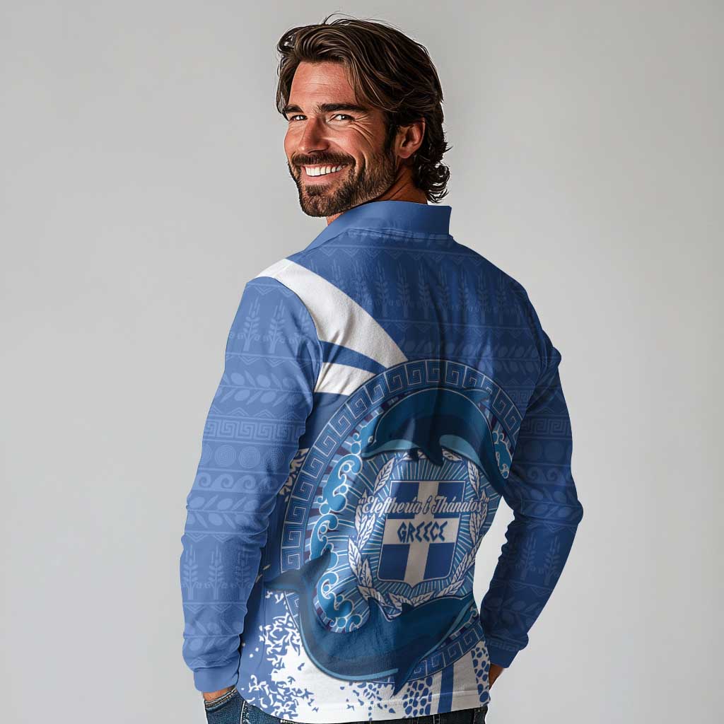 Greece Independence Day Long Sleeve Polo Shirt Greek Pattern With Dolphins