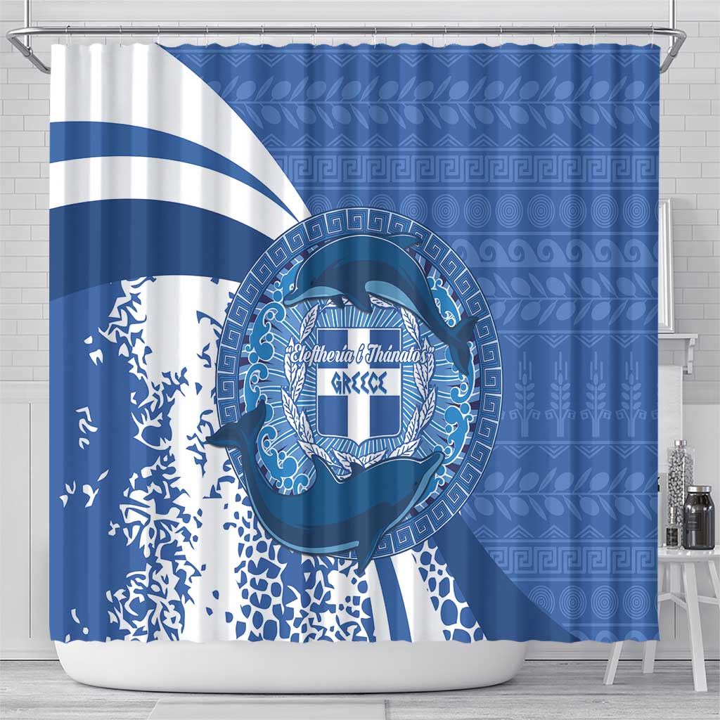 Greece Independence Day Shower Curtain Greek Pattern With Dolphins