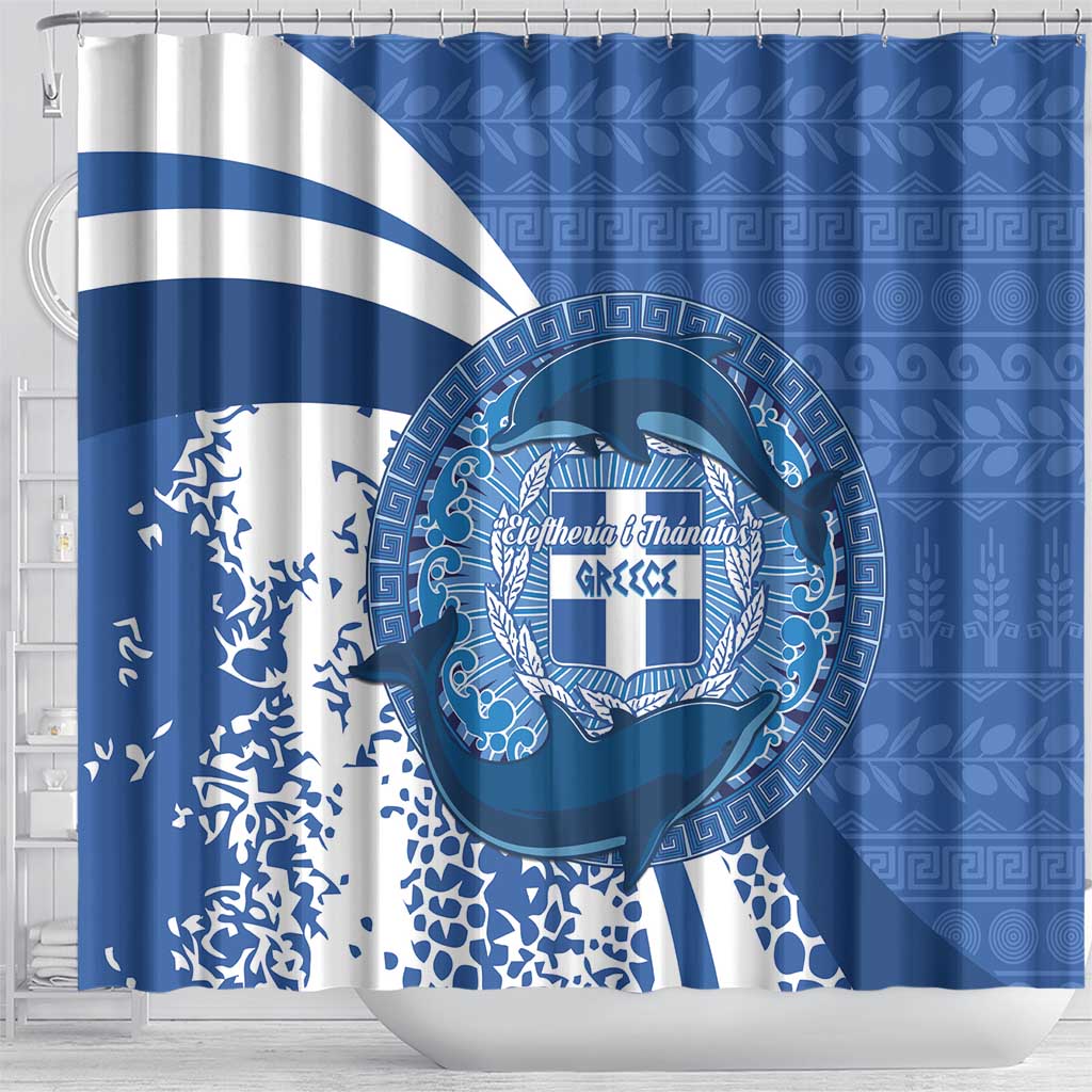Greece Independence Day Shower Curtain Greek Pattern With Dolphins