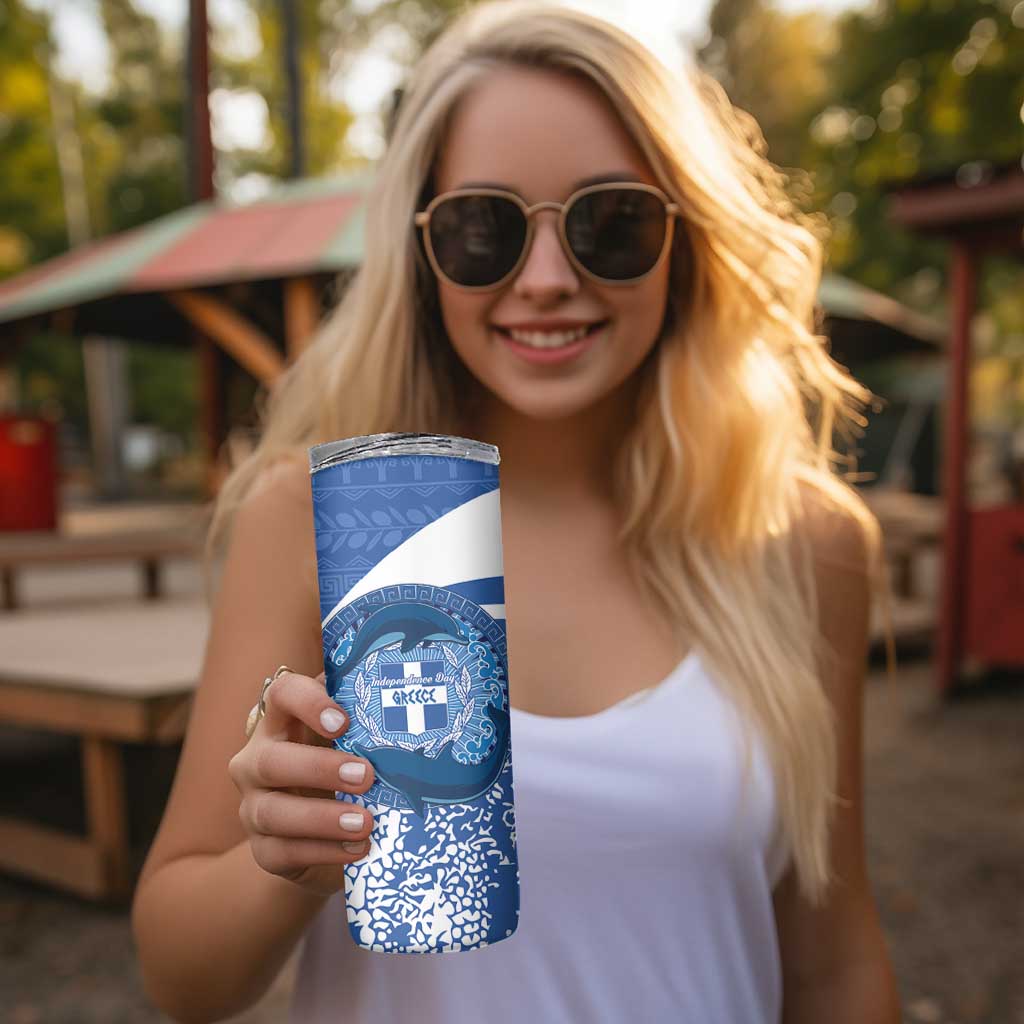 Greece Independence Day Skinny Tumbler Greek Pattern With Dolphins