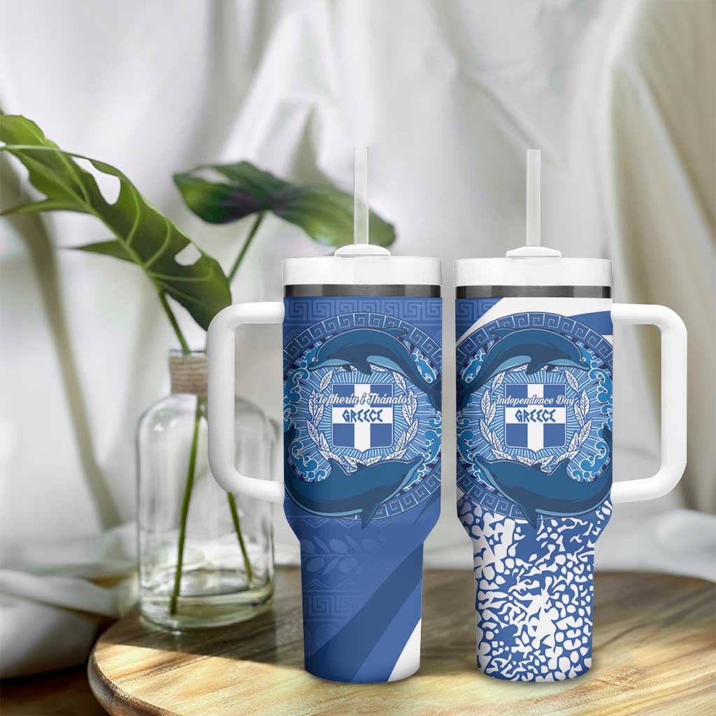 Greece Independence Day Tumbler With Handle Greek Pattern With Dolphins