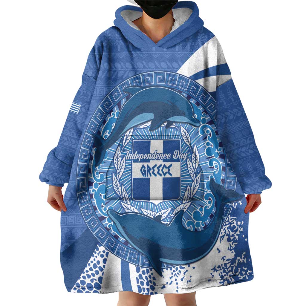 Greece Independence Day Wearable Blanket Hoodie Greek Pattern With Dolphins