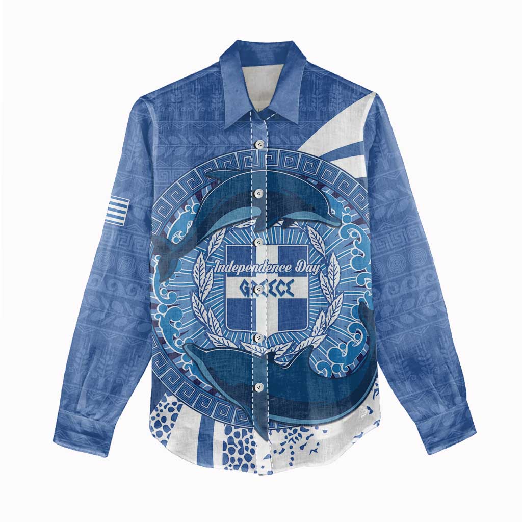 Greece Independence Day Women Casual Shirt Greek Pattern With Dolphins