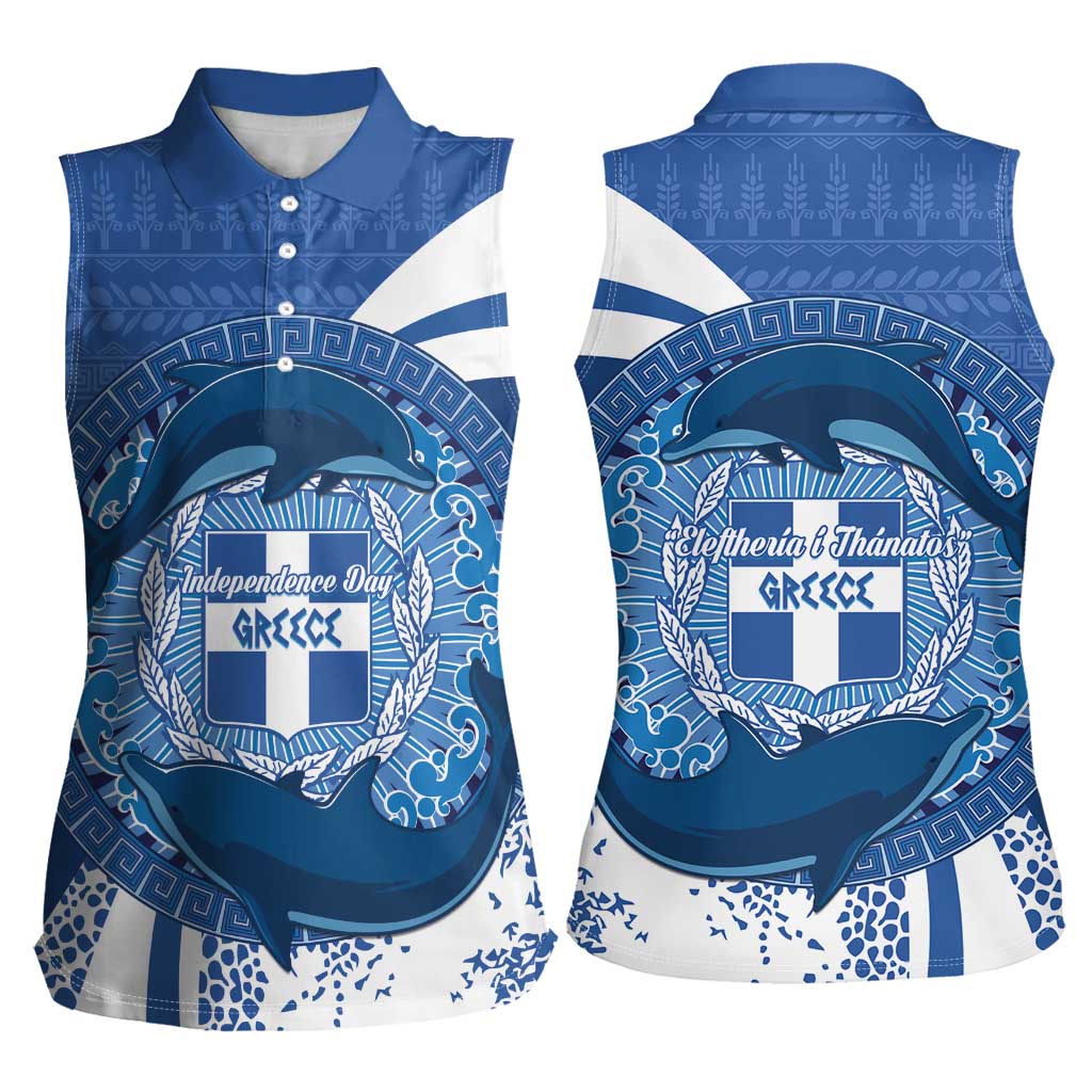 Greece Independence Day Women Sleeveless Polo Shirt Greek Pattern With Dolphins