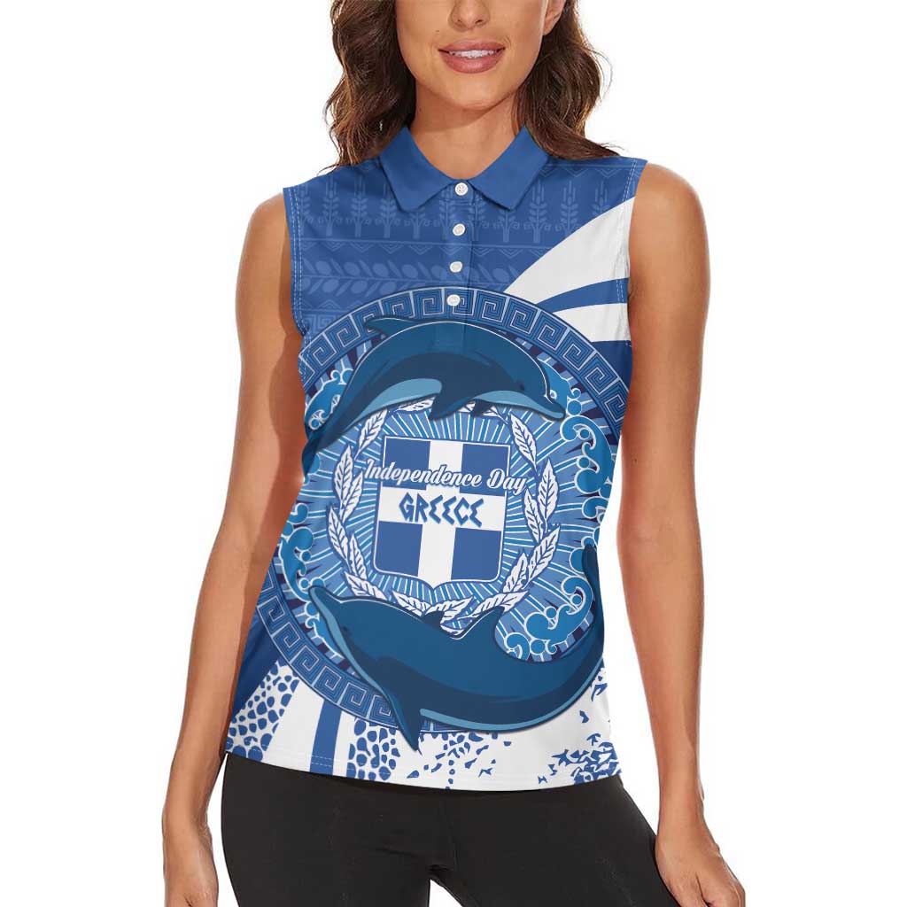 Greece Independence Day Women Sleeveless Polo Shirt Greek Pattern With Dolphins