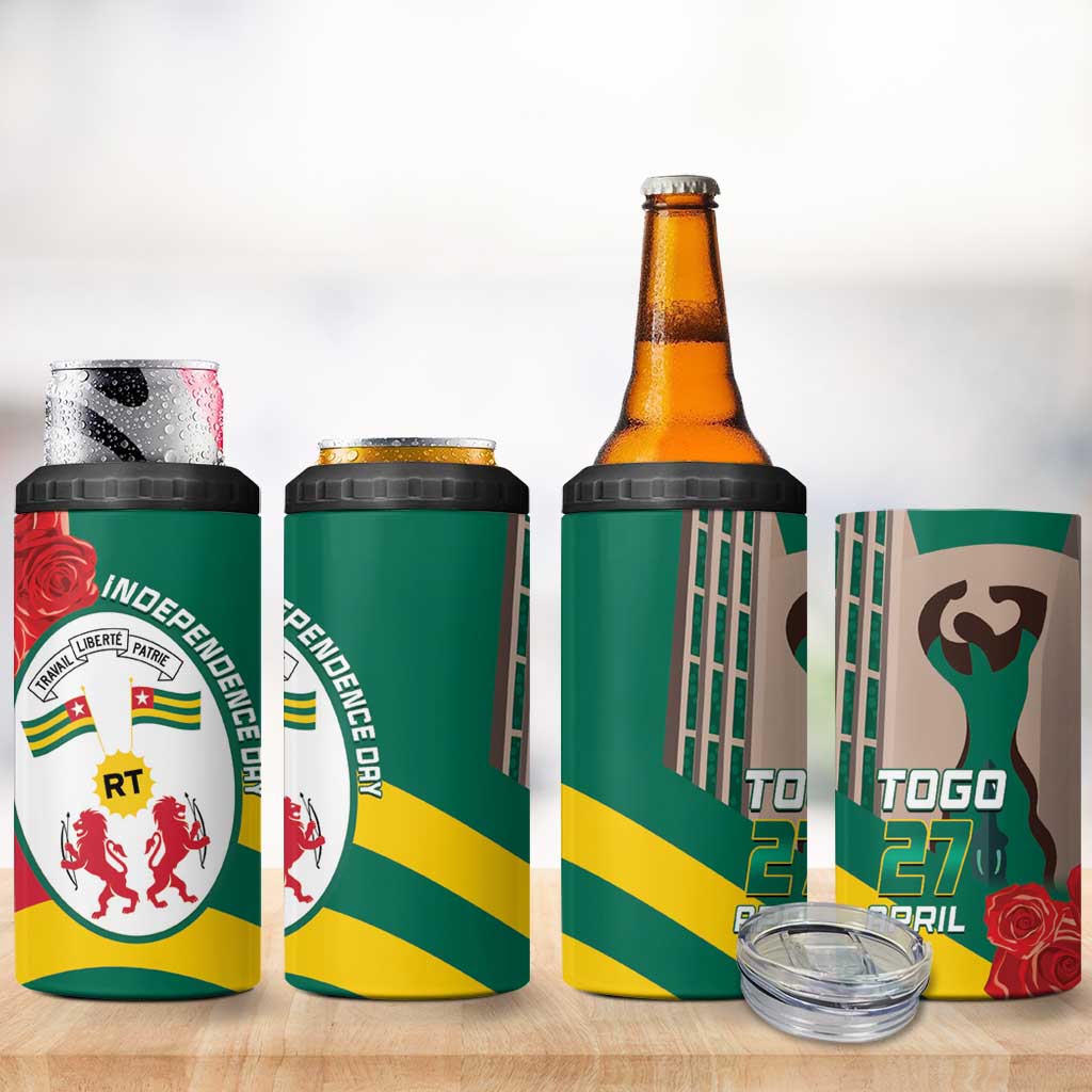 Togo Independence Day 4 in 1 Can Cooler Tumbler Happy April 27th Coat Of Arms