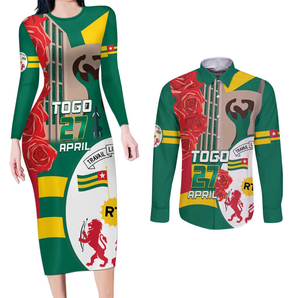 Togo Independence Day Couples Matching Long Sleeve Bodycon Dress and Long Sleeve Button Shirt Happy April 27th Coat Of Arms