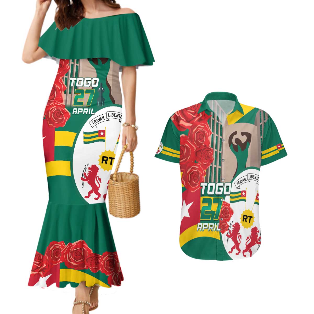 Togo Independence Day Couples Matching Mermaid Dress and Hawaiian Shirt Happy April 27th Coat Of Arms