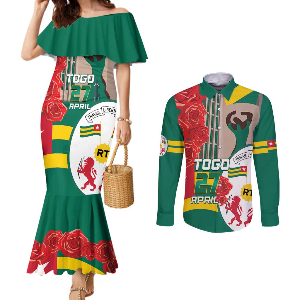 Togo Independence Day Couples Matching Mermaid Dress and Long Sleeve Button Shirt Happy April 27th Coat Of Arms