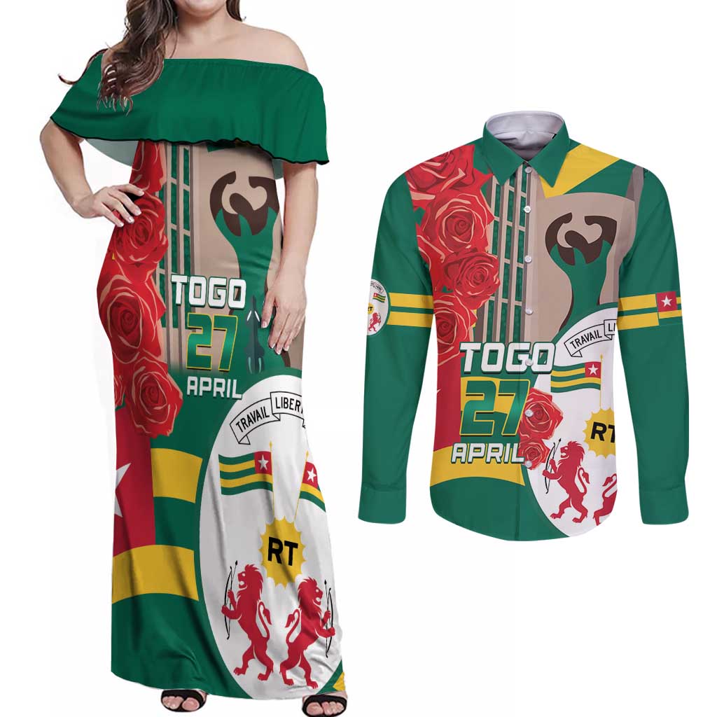 Togo Independence Day Couples Matching Off Shoulder Maxi Dress and Long Sleeve Button Shirt Happy April 27th Coat Of Arms
