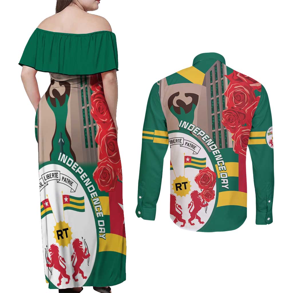 Togo Independence Day Couples Matching Off Shoulder Maxi Dress and Long Sleeve Button Shirt Happy April 27th Coat Of Arms