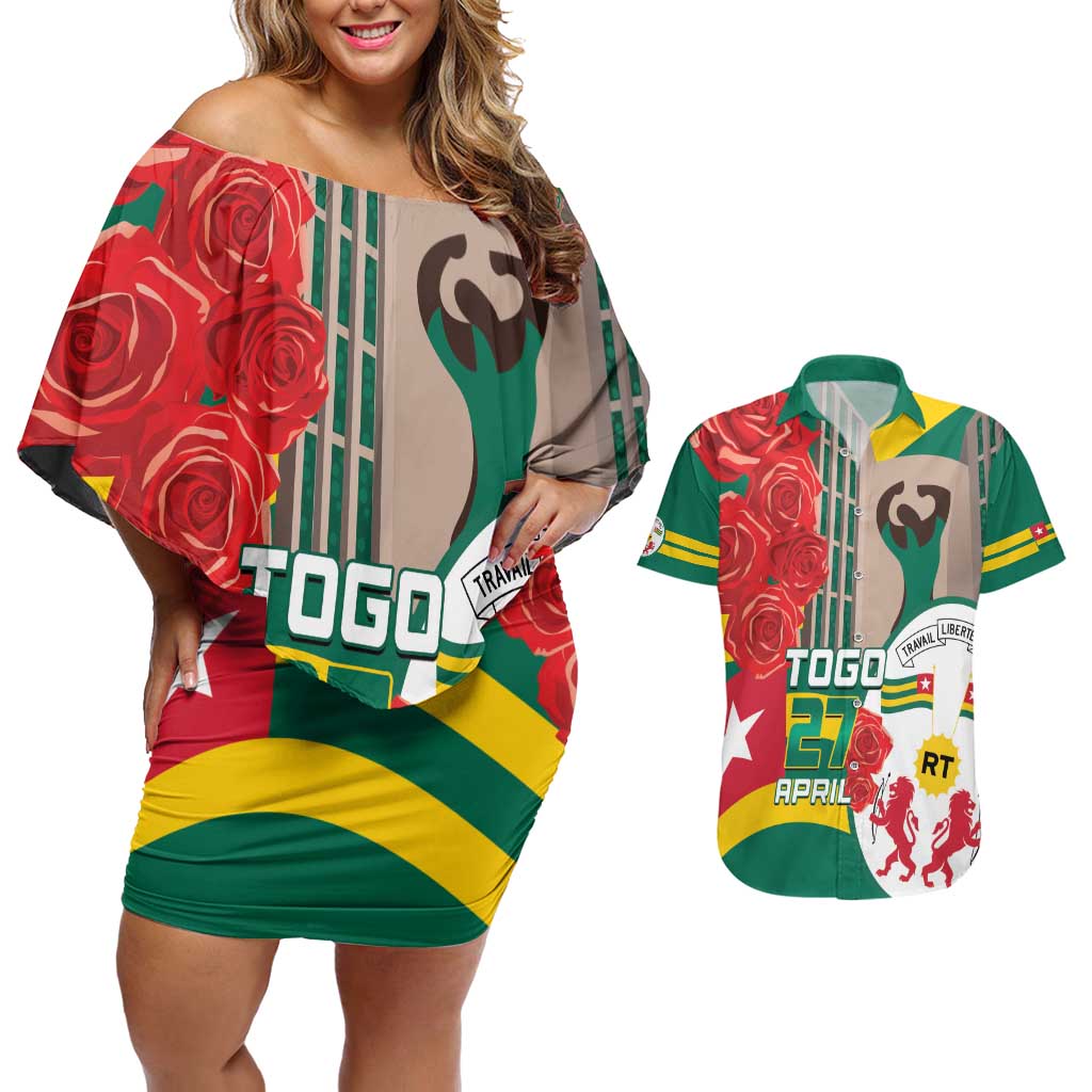 Togo Independence Day Couples Matching Off Shoulder Short Dress and Hawaiian Shirt Happy April 27th Coat Of Arms