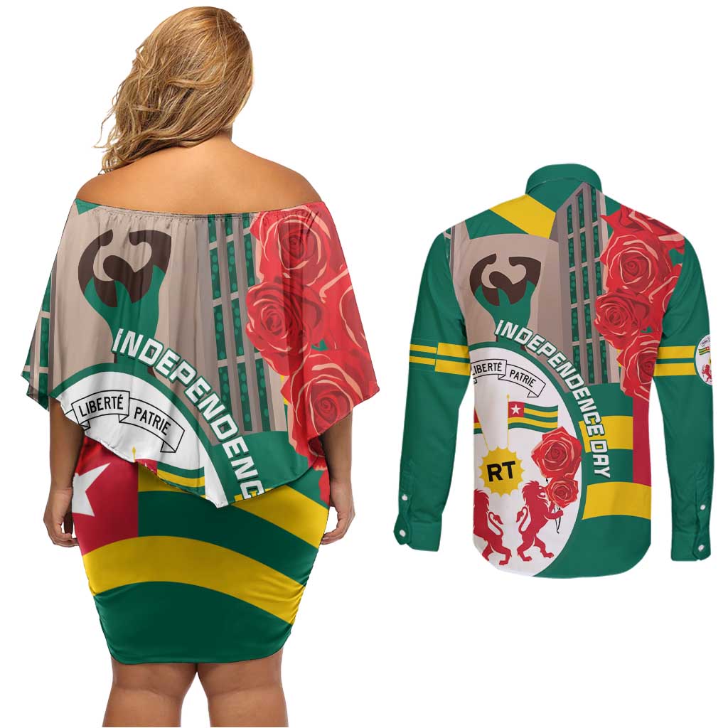 Togo Independence Day Couples Matching Off Shoulder Short Dress and Long Sleeve Button Shirt Happy April 27th Coat Of Arms