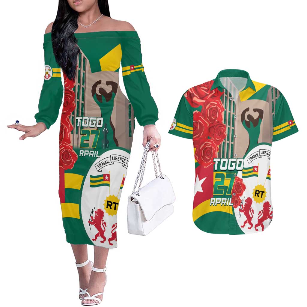Togo Independence Day Couples Matching Off The Shoulder Long Sleeve Dress and Hawaiian Shirt Happy April 27th Coat Of Arms