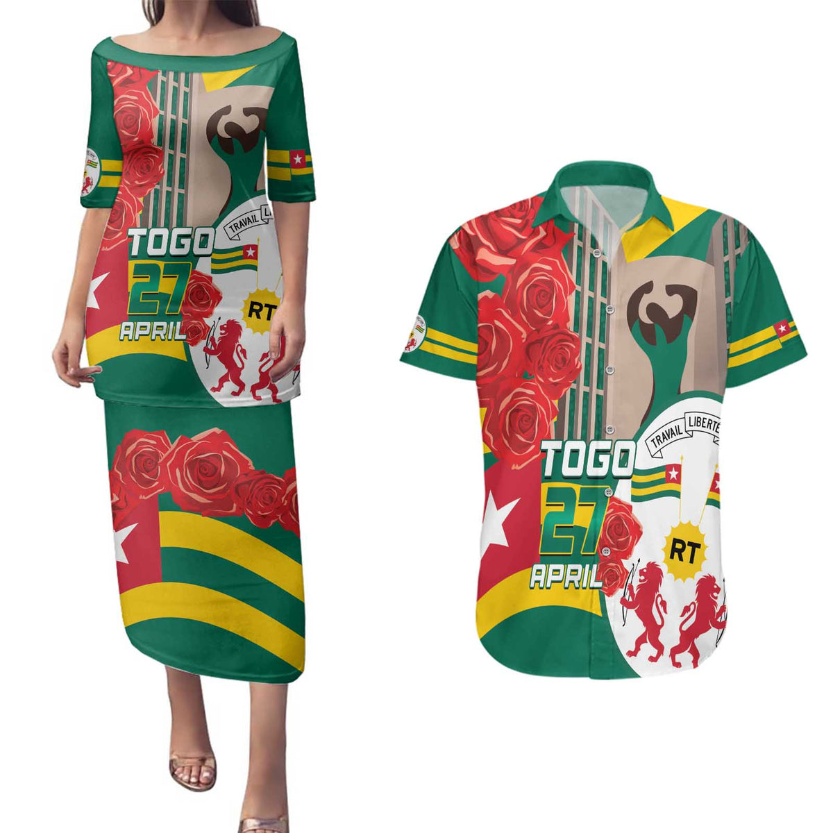 Togo Independence Day Couples Matching Puletasi and Hawaiian Shirt Happy April 27th Coat Of Arms