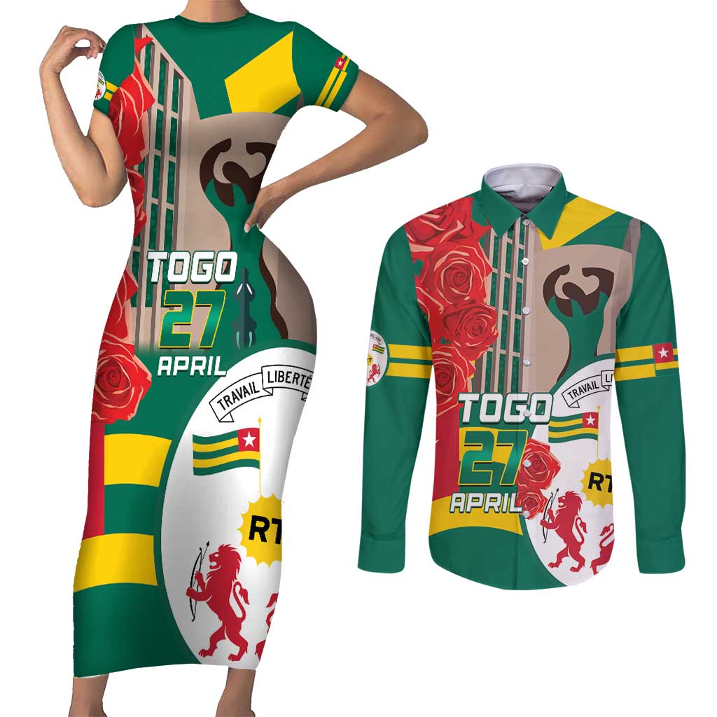 Togo Independence Day Couples Matching Short Sleeve Bodycon Dress and Long Sleeve Button Shirt Happy April 27th Coat Of Arms