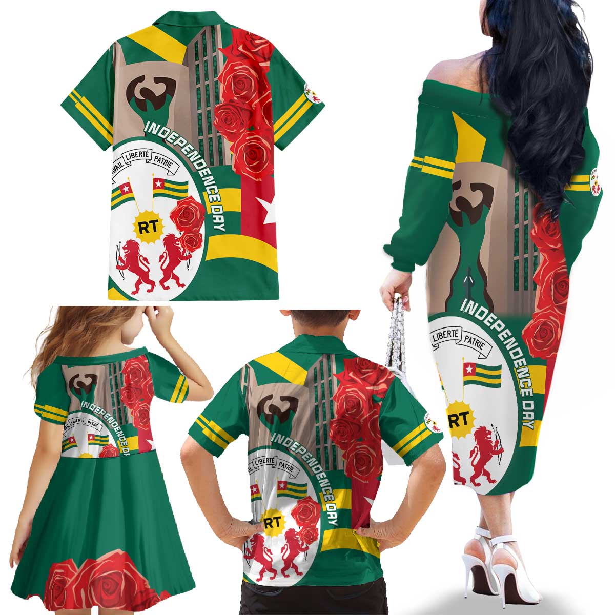 Togo Independence Day Family Matching Off The Shoulder Long Sleeve Dress and Hawaiian Shirt Happy April 27th Coat Of Arms