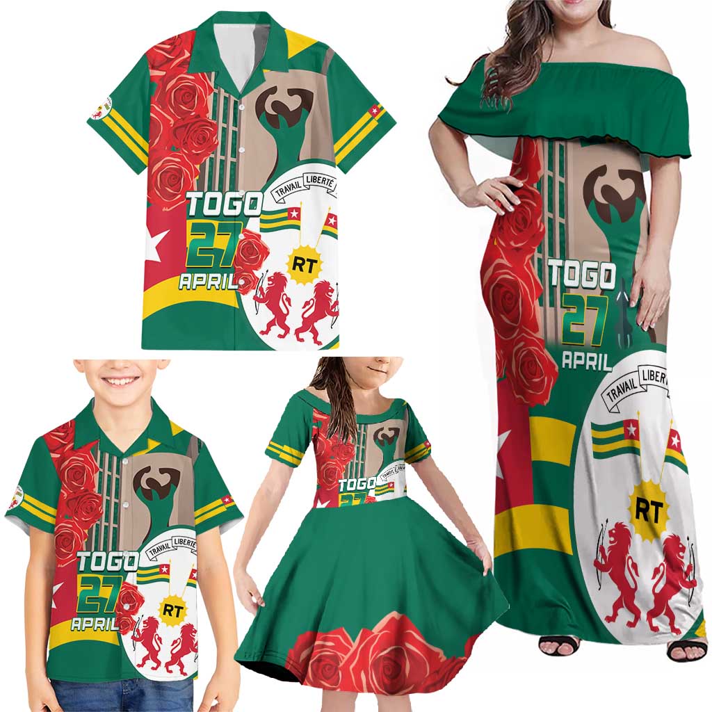 Togo Independence Day Family Matching Off Shoulder Maxi Dress and Hawaiian Shirt Happy April 27th Coat Of Arms