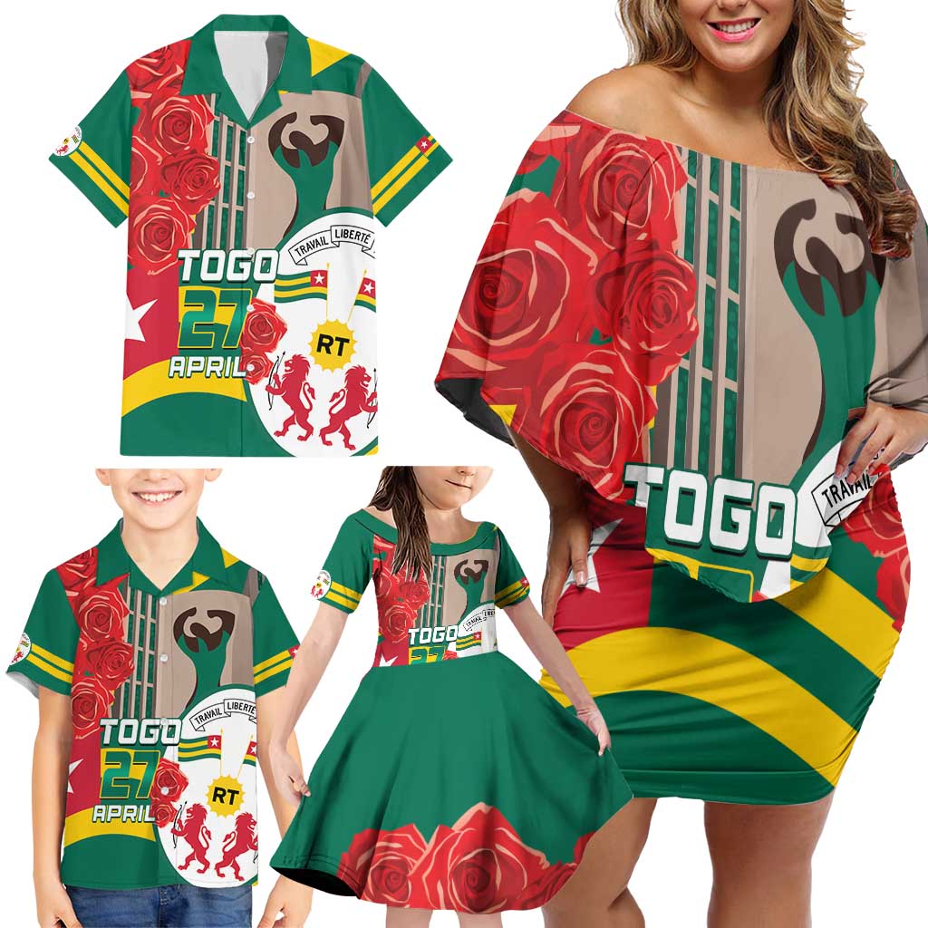 Togo Independence Day Family Matching Off Shoulder Short Dress and Hawaiian Shirt Happy April 27th Coat Of Arms