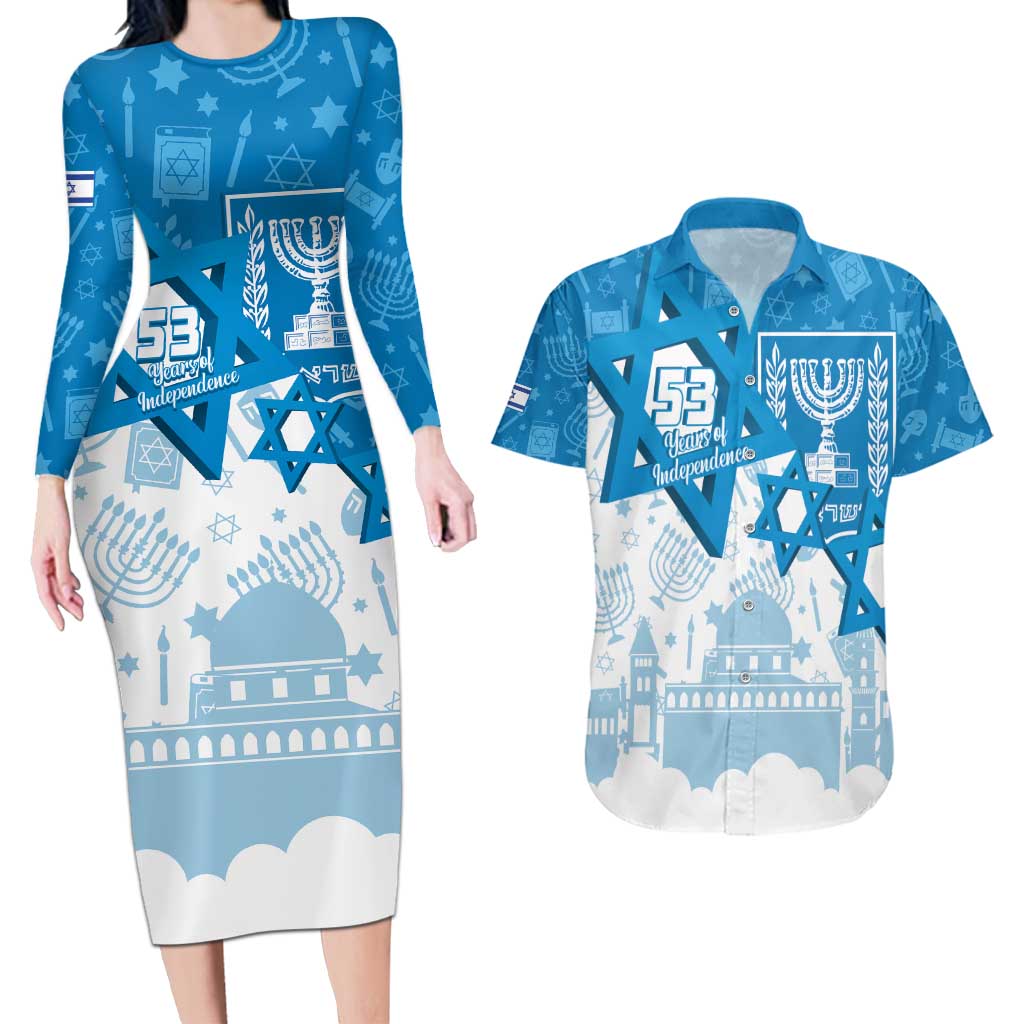 Israel Independence Day Couples Matching Long Sleeve Bodycon Dress and Hawaiian Shirt Yom Ha'atzmaut Star Of David Jewish Pattern