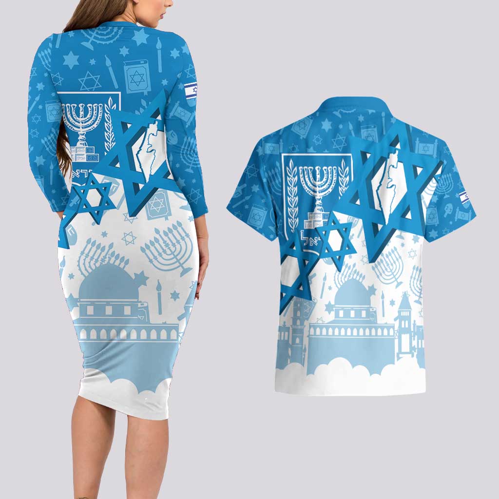 Israel Independence Day Couples Matching Long Sleeve Bodycon Dress and Hawaiian Shirt Yom Ha'atzmaut Star Of David Jewish Pattern