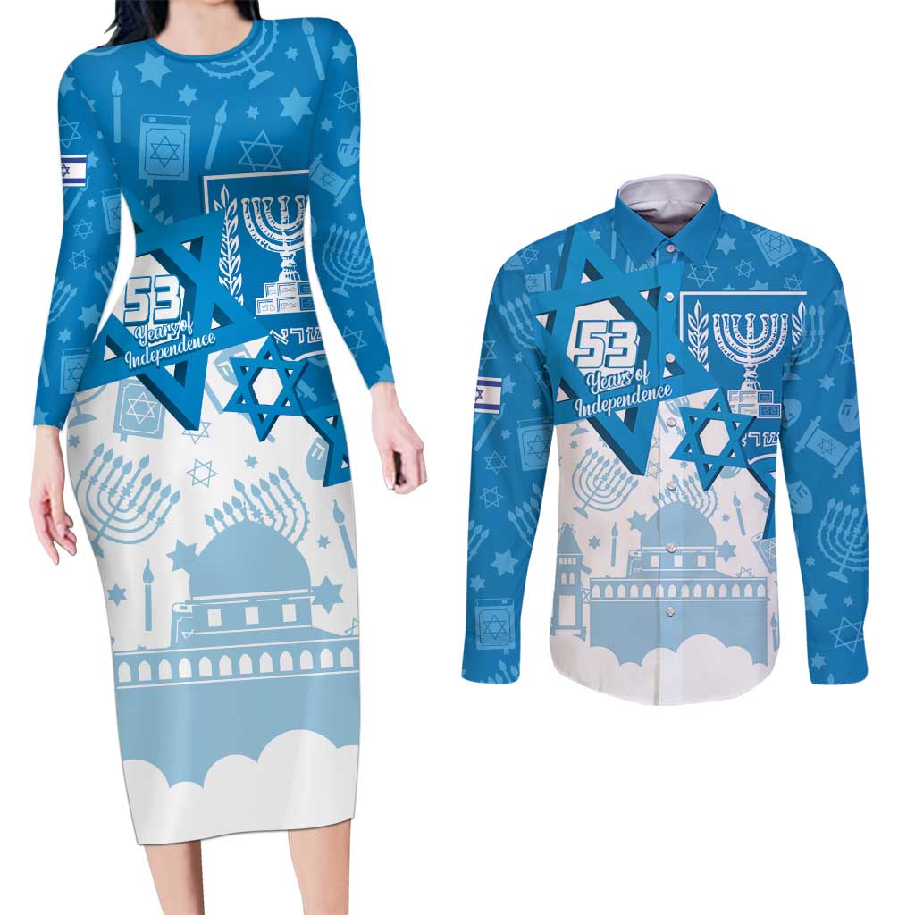 Israel Independence Day Couples Matching Long Sleeve Bodycon Dress and Long Sleeve Button Shirt Yom Ha'atzmaut Star Of David Jewish Pattern