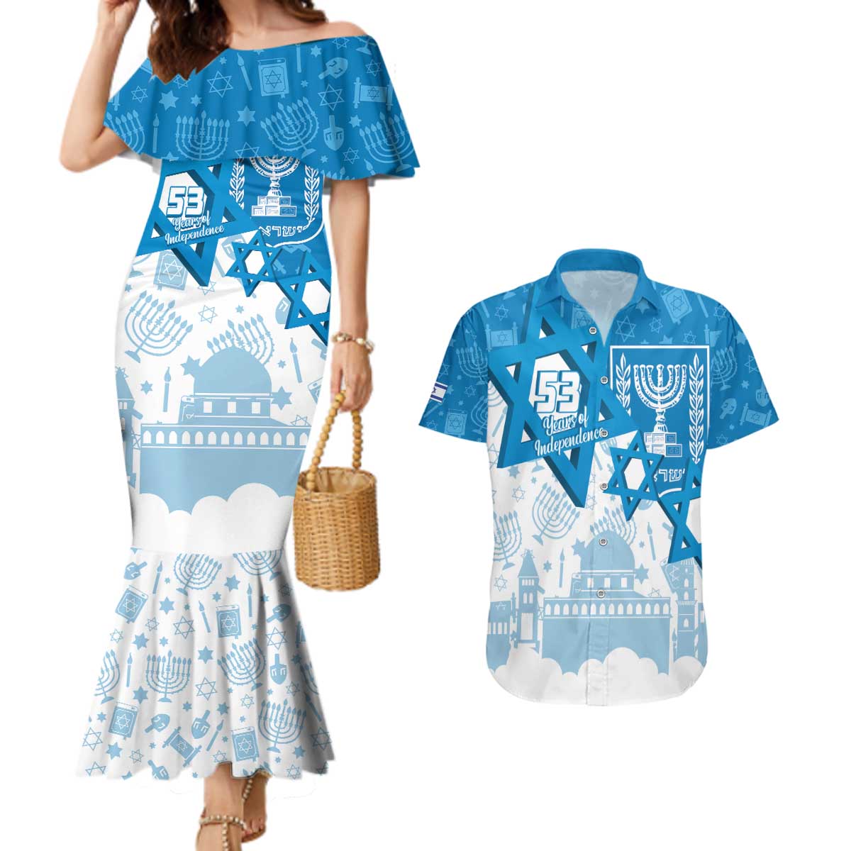 Israel Independence Day Couples Matching Mermaid Dress and Hawaiian Shirt Yom Ha'atzmaut Star Of David Jewish Pattern