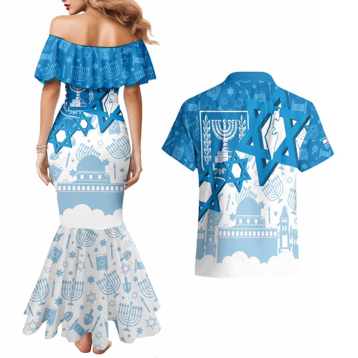 Israel Independence Day Couples Matching Mermaid Dress and Hawaiian Shirt Yom Ha'atzmaut Star Of David Jewish Pattern