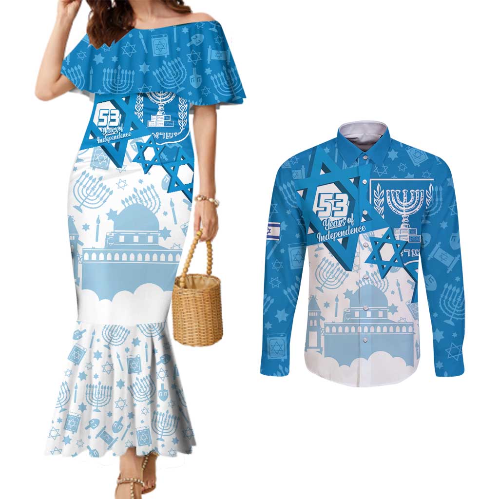 Israel Independence Day Couples Matching Mermaid Dress and Long Sleeve Button Shirt Yom Ha'atzmaut Star Of David Jewish Pattern