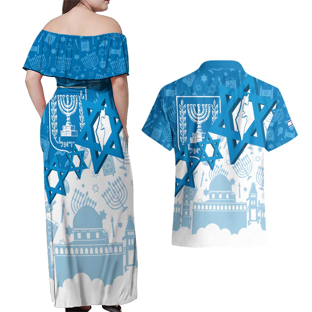 Israel Independence Day Couples Matching Off Shoulder Maxi Dress and Hawaiian Shirt Yom Ha'atzmaut Star Of David Jewish Pattern